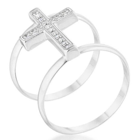 Wide Power of God Open Band Cz Clear Cubic Zirconia Cross Silver Tone Brass Ring - Picture 1 of 8